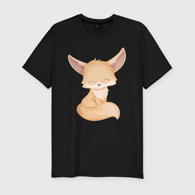 Мужская футболка хлопок Slim с принтом Милый Лисёнок Нежится в Новосибирске, 92% хлопок, 8% лайкра | приталенный силуэт, круглый вырез ворота, длина до линии бедра, короткий рукав | animals | beast | cute | fox | животные | звери | лиса | лисёнок | милый