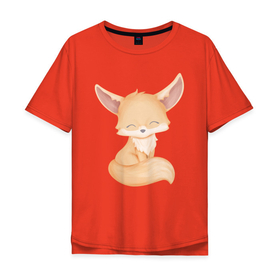 Мужская футболка хлопок Oversize с принтом Милый Лисёнок Нежится , 100% хлопок | свободный крой, круглый ворот, “спинка” длиннее передней части | Тематика изображения на принте: animals | beast | cute | fox | животные | звери | лиса | лисёнок | милый