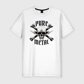 Мужская футболка хлопок Slim с принтом Heavy metal skull чистый металл в Тюмени, 92% хлопок, 8% лайкра | приталенный силуэт, круглый вырез ворота, длина до линии бедра, короткий рукав | Тематика изображения на принте: металл | музыка | рок | тяжёлый металл | череп | чистый металл