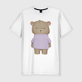 Мужская футболка хлопок Slim с принтом Милый Медвежонок В Кофте в Новосибирске, 92% хлопок, 8% лайкра | приталенный силуэт, круглый вырез ворота, длина до линии бедра, короткий рукав | animals | bear | beast | cute | животные | звери | медведь | медвежонок | милый