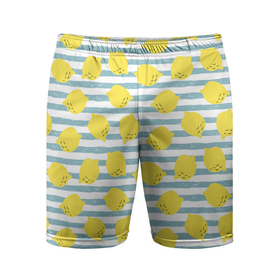 Мужские шорты спортивные с принтом Лимоны на полосатом фоне ,  |  | голубая | еда | желтый | летний | лимоны | милый | пастельный | паттерн | полосатый | полоска | фрукт | цитрус