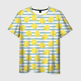 Мужская футболка 3D с принтом Лимоны на полосатом фоне в Екатеринбурге, 100% полиэфир | прямой крой, круглый вырез горловины, длина до линии бедер | Тематика изображения на принте: голубая | еда | желтый | летний | лимоны | милый | пастельный | паттерн | полосатый | полоска | фрукт | цитрус