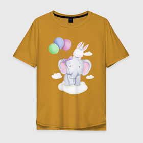 Мужская футболка хлопок Oversize с принтом Милый Слонёнок и Крольчонок На Облаке в Курске, 100% хлопок | свободный крой, круглый ворот, “спинка” длиннее передней части | animals | beast | cute | hare | rabbit | животные | заяц | звери | кролик | крольчонок | милый | слон | слонёнок