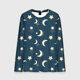 Мужской лонгслив 3D с принтом Месяц и звезды, паттерн в Петрозаводске, 100% полиэстер | длинные рукава, круглый вырез горловины, полуприлегающий силуэт | звезды | луна | месяц | милый | небо | ночное | ночь | паттерн | пижамный | принт для пижамы | узор