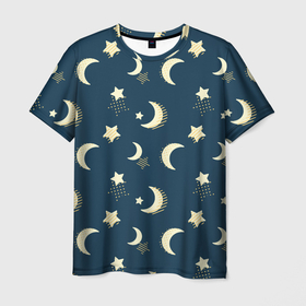 Мужская футболка 3D с принтом Месяц и звезды, паттерн в Тюмени, 100% полиэфир | прямой крой, круглый вырез горловины, длина до линии бедер | звезды | луна | месяц | милый | небо | ночное | ночь | паттерн | пижамный | принт для пижамы | узор