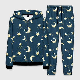 Мужской костюм 3D с принтом Месяц и звезды, паттерн в Курске, 100% полиэстер | Манжеты и пояс оформлены тканевой резинкой, двухслойный капюшон со шнурком для регулировки, карманы спереди | звезды | луна | месяц | милый | небо | ночное | ночь | паттерн | пижамный | принт для пижамы | узор