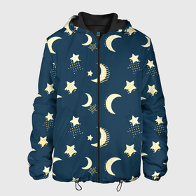 Мужская куртка 3D с принтом Месяц и звезды, паттерн в Екатеринбурге, ткань верха — 100% полиэстер, подклад — флис | прямой крой, подол и капюшон оформлены резинкой с фиксаторами, два кармана без застежек по бокам, один большой потайной карман на груди. Карман на груди застегивается на липучку | звезды | луна | месяц | милый | небо | ночное | ночь | паттерн | пижамный | принт для пижамы | узор