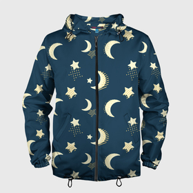 Мужская ветровка 3D с принтом Месяц и звезды, паттерн в Санкт-Петербурге, 100% полиэстер | подол и капюшон оформлены резинкой с фиксаторами, два кармана без застежек по бокам, один потайной карман на груди | звезды | луна | месяц | милый | небо | ночное | ночь | паттерн | пижамный | принт для пижамы | узор