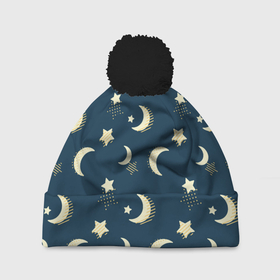 Шапка 3D c помпоном с принтом Месяц и звезды, паттерн в Петрозаводске, 100% полиэстер | универсальный размер, печать по всей поверхности изделия | Тематика изображения на принте: звезды | луна | месяц | милый | небо | ночное | ночь | паттерн | пижамный | принт для пижамы | узор