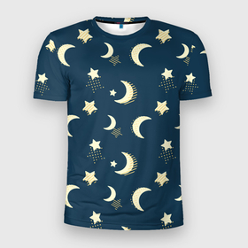 Мужская футболка 3D Slim с принтом Месяц и звезды, паттерн в Санкт-Петербурге, 100% полиэстер с улучшенными характеристиками | приталенный силуэт, круглая горловина, широкие плечи, сужается к линии бедра | звезды | луна | месяц | милый | небо | ночное | ночь | паттерн | пижамный | принт для пижамы | узор