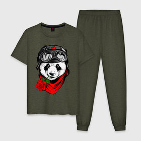 Мужская пижама хлопок с принтом Панда с розой во рту в Новосибирске, 100% хлопок | брюки и футболка прямого кроя, без карманов, на брюках мягкая резинка на поясе и по низу штанин
 | bear | panda | бамбуковый медведь | белый | большая панда | бурый | гризли | зверь | косолапый | медведь | мишка | панда | панды | роза | розачка | топтыгин | хищник | цветы
