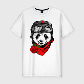Мужская футболка хлопок Slim с принтом Панда с розой во рту в Екатеринбурге, 92% хлопок, 8% лайкра | приталенный силуэт, круглый вырез ворота, длина до линии бедра, короткий рукав | bear | panda | бамбуковый медведь | белый | большая панда | бурый | гризли | зверь | косолапый | медведь | мишка | панда | панды | роза | розачка | топтыгин | хищник | цветы