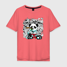 Мужская футболка хлопок Oversize с принтом Панда Джиу Джитсу в Белгороде, 100% хлопок | свободный крой, круглый ворот, “спинка” длиннее передней части | bear | panda | бамбуковый медведь | белый | боевые искусства | большая панда | бурый | гризли | джиу джитсу | джиу джицу | зверь | косолапый | медведь | мишка | панда | панды | спорт | спортсмен | топтыгин