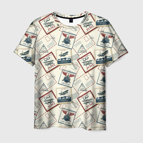 Мужская футболка 3D с принтом почта самолётом в Белгороде, 100% полиэфир | прямой крой, круглый вырез горловины, длина до линии бедер | авиапочта | конверт | марки | письмо | самолёт ретро | самотёт | старые письма | старый конверт | чернила | штамп | штемпель | этикетка