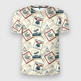 Мужская футболка 3D Slim с принтом почта самолётом в Санкт-Петербурге, 100% полиэстер с улучшенными характеристиками | приталенный силуэт, круглая горловина, широкие плечи, сужается к линии бедра | авиапочта | конверт | марки | письмо | самолёт ретро | самотёт | старые письма | старый конверт | чернила | штамп | штемпель | этикетка