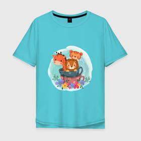 Мужская футболка хлопок Oversize с принтом ЗВЕРКИ В ЧАШКЕ в Екатеринбурге, 100% хлопок | свободный крой, круглый ворот, “спинка” длиннее передней части | детеныши | животные | жираф | львенок | тигренок | цветы