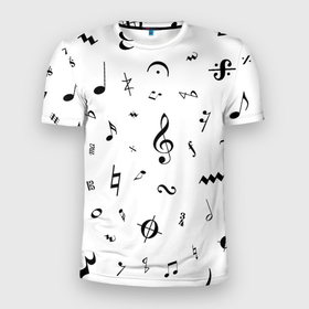 Мужская футболка 3D Slim с принтом Нотные Знаки Черные на Белом в Тюмени, 100% полиэстер с улучшенными характеристиками | приталенный силуэт, круглая горловина, широкие плечи, сужается к линии бедра | звук | звуки | консерватория | мелодия | музыка | музыкалка | музыкальная школа | музыкант | музыканты | нота | ноты | партитура | символ | символы | скрипичный ключ | сольфеджио