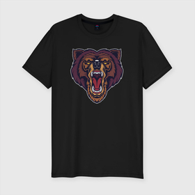 Мужская футболка хлопок Slim с принтом Медведь   Х1 в Новосибирске, 92% хлопок, 8% лайкра | приталенный силуэт, круглый вырез ворота, длина до линии бедра, короткий рукав | голова | гризли | жестокий | злобный | злой | косолапый | лес | лютый | медведище | медведь | сердитый | хищник | хозяин | яростный