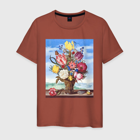 Мужская футболка хлопок с принтом Bouquet of Flowers on a Ledge (Букет цветов) в Курске, 100% хлопок | прямой крой, круглый вырез горловины, длина до линии бедер, слегка спущенное плечо. | букет | винтаж | горы | картина | классика | пейзаж | природа | ракушка | роза | цветы