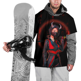 Накидка на куртку 3D с принтом Neon oni кунаичи в Кировске, 100% полиэстер |  | cyberpunk | аниме | девушка с катаной | иероглифы | киберпанк | япония