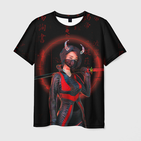 Мужская футболка 3D с принтом Neon oni кунаичи в Тюмени, 100% полиэфир | прямой крой, круглый вырез горловины, длина до линии бедер | Тематика изображения на принте: cyberpunk | аниме | девушка с катаной | иероглифы | киберпанк | япония