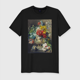 Мужская футболка хлопок Slim с принтом Bouquet of Flowers in a Vase (Букет цветов) в Санкт-Петербурге, 92% хлопок, 8% лайкра | приталенный силуэт, круглый вырез ворота, длина до линии бедра, короткий рукав | букет | винтаж | живопись | картина | классика | насекомые | пейзаж | природа | роза | цветочный | цветы