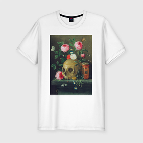 Мужская футболка хлопок Slim с принтом Vanitas Still Life (Череп и цветы) в Тюмени, 92% хлопок, 8% лайкра | приталенный силуэт, круглый вырез ворота, длина до линии бедра, короткий рукав | букет | винтаж | живопись | картина | классика | пейзаж | природа | роза | скелет | цветочный | цветы | череп