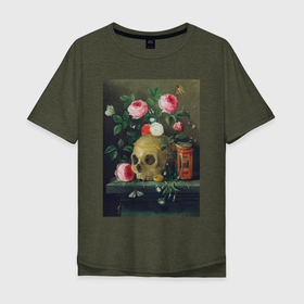 Мужская футболка хлопок Oversize с принтом Vanitas Still Life (Череп и цветы) в Курске, 100% хлопок | свободный крой, круглый ворот, “спинка” длиннее передней части | букет | винтаж | живопись | картина | классика | пейзаж | природа | роза | скелет | цветочный | цветы | череп