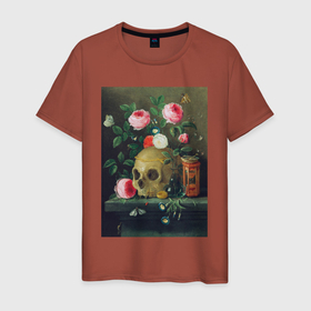 Мужская футболка хлопок с принтом Vanitas Still Life (Череп и цветы) в Екатеринбурге, 100% хлопок | прямой крой, круглый вырез горловины, длина до линии бедер, слегка спущенное плечо. | букет | винтаж | живопись | картина | классика | пейзаж | природа | роза | скелет | цветочный | цветы | череп