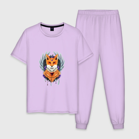 Мужская пижама хлопок с принтом ЛИСА КРАСАВИЦА , 100% хлопок | брюки и футболка прямого кроя, без карманов, на брюках мягкая резинка на поясе и по низу штанин
 | животное | забавный | милый | оранжевый | очаровательная | рыжая