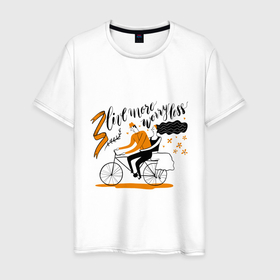 Мужская футболка хлопок с принтом LIVE MORE WORRY LESS в Белгороде, 100% хлопок | прямой крой, круглый вырез горловины, длина до линии бедер, слегка спущенное плечо. | вдохновение | велосипед | девушка | жизнь | любовь | мужчина | пара | равенство | цитата | черный