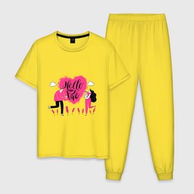 Мужская пижама хлопок с принтом HELLO MY LOVE в Курске, 100% хлопок | брюки и футболка прямого кроя, без карманов, на брюках мягкая резинка на поясе и по низу штанин
 | девушка | любовь | мужчина | розовое | сердце | фраза | цитата