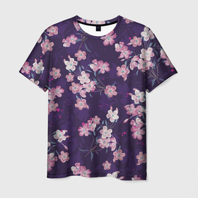 Мужская футболка 3D с принтом Цветы Розовые На Фиолетовом Фоне , 100% полиэфир | прямой крой, круглый вырез горловины, длина до линии бедер | Тематика изображения на принте: flowers | букет | природа | растение | флора | цветы