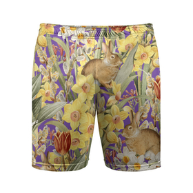 Мужские шорты спортивные с принтом Цветы Нарциссы и Зайцы ,  |  | flowers | букет | зайци | нарциссы | природа | растение | флора | цветы