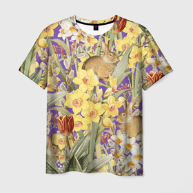 Мужская футболка 3D с принтом Цветы Нарциссы и Зайцы в Санкт-Петербурге, 100% полиэфир | прямой крой, круглый вырез горловины, длина до линии бедер | flowers | букет | зайци | нарциссы | природа | растение | флора | цветы