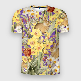 Мужская футболка 3D Slim с принтом Цветы Нарциссы и Зайцы в Санкт-Петербурге, 100% полиэстер с улучшенными характеристиками | приталенный силуэт, круглая горловина, широкие плечи, сужается к линии бедра | flowers | букет | зайци | нарциссы | природа | растение | флора | цветы