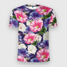 Мужская футболка 3D Slim с принтом Цветы Петунии в Екатеринбурге, 100% полиэстер с улучшенными характеристиками | приталенный силуэт, круглая горловина, широкие плечи, сужается к линии бедра | flowers | букет | петунии | природа | растение | флора | цветы