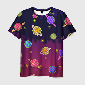 Мужская футболка 3D с принтом Pizza in Space , 100% полиэфир | прямой крой, круглый вырез горловины, длина до линии бедер | еда | космос | космческий | молодежный | пицца | планеты | яркий