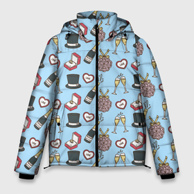 Мужская зимняя куртка 3D с принтом Свадебный паттерн в Рязани, верх — 100% полиэстер; подкладка — 100% полиэстер; утеплитель — 100% полиэстер | длина ниже бедра, свободный силуэт Оверсайз. Есть воротник-стойка, отстегивающийся капюшон и ветрозащитная планка. 

Боковые карманы с листочкой на кнопках и внутренний карман на молнии. | бегучка | букет | жених | кольцо | невеста | паттерн | свадьба | сердце | узор | цилиндр | шампанское