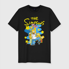 Мужская футболка хлопок Slim с принтом The Simpsons|Семейка Симпсонов , 92% хлопок, 8% лайкра | приталенный силуэт, круглый вырез ворота, длина до линии бедра, короткий рукав | bart | cartoon | gomer | lisa | simpsons | usa | барт | гомер | лиза | мардж | мультфильм | семья | симпсоны | сша