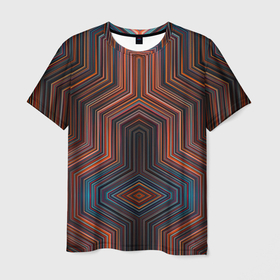 Мужская футболка 3D с принтом Симметрия в геометрии цвета в Санкт-Петербурге, 100% полиэфир | прямой крой, круглый вырез горловины, длина до линии бедер | геометрия | линии | полосы | ромб | симметрия | треугольник