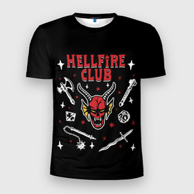 Мужская футболка 3D Slim с принтом HELLFIRE CLUB | STRANGER THINGS в Екатеринбурге, 100% полиэстер с улучшенными характеристиками | приталенный силуэт, круглая горловина, широкие плечи, сужается к линии бедра | 11 | club | dont | dragons | dungeons | friends | hellfire | hfc | lie | netflix | st | stranger | the | things | vecna | ад | векна | драконы | и | изнанка | оди | одиннадцать | очень | подземелья | странные