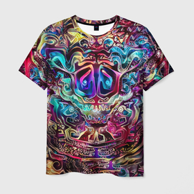 Мужская футболка 3D с принтом Рисунок Майя в Курске, 100% полиэфир | прямой крой, круглый вырез горловины, длина до линии бедер | гикон | древность | животные | кот | майя | психоделика | радуга | рэйв | текстура | узор | цветной | череп | яркий