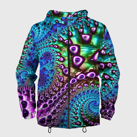 Мужская ветровка 3D с принтом Наикрутейший фрактальный паттерн   Авангард    The Coolest fractal pattern   Vanguard в Новосибирске, 100% полиэстер | подол и капюшон оформлены резинкой с фиксаторами, два кармана без застежек по бокам, один потайной карман на груди | abstraction | color | fashion | fractal | neon | pattern | vanguard | абстракция | авангард | мода | неон | паттерн | фрактал | цвет
