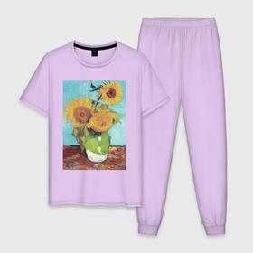 Мужская пижама хлопок с принтом Vase with Three Sunflowers (Подсолнухи) в Екатеринбурге, 100% хлопок | брюки и футболка прямого кроя, без карманов, на брюках мягкая резинка на поясе и по низу штанин
 | Тематика изображения на принте: букет | ваза | ван гог | винтаж | живопись | картина | классика | пейзаж | подсолнух | природа | цветы
