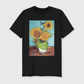 Мужская футболка хлопок Slim с принтом Vase with Three Sunflowers (Подсолнухи) в Кировске, 92% хлопок, 8% лайкра | приталенный силуэт, круглый вырез ворота, длина до линии бедра, короткий рукав | букет | ваза | ван гог | винтаж | живопись | картина | классика | пейзаж | подсолнух | природа | цветы