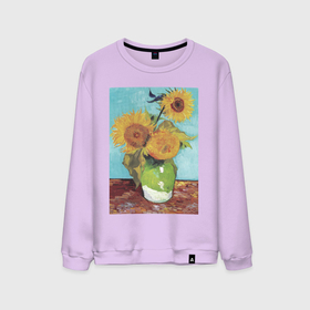 Мужской свитшот хлопок с принтом Vase with Three Sunflowers (Подсолнухи) в Тюмени, 100% хлопок |  | букет | ваза | ван гог | винтаж | живопись | картина | классика | пейзаж | подсолнух | природа | цветы
