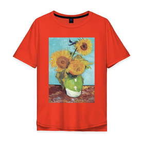 Мужская футболка хлопок Oversize с принтом Vase with Three Sunflowers (Подсолнухи) в Екатеринбурге, 100% хлопок | свободный крой, круглый ворот, “спинка” длиннее передней части | букет | ваза | ван гог | винтаж | живопись | картина | классика | пейзаж | подсолнух | природа | цветы