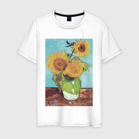Мужская футболка хлопок с принтом Vase with Three Sunflowers (Подсолнухи) в Екатеринбурге, 100% хлопок | прямой крой, круглый вырез горловины, длина до линии бедер, слегка спущенное плечо. | Тематика изображения на принте: букет | ваза | ван гог | винтаж | живопись | картина | классика | пейзаж | подсолнух | природа | цветы