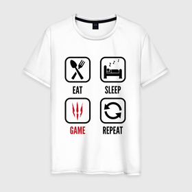Мужская футболка хлопок с принтом Eat   Sleep   The Witcher   Repeat в Екатеринбурге, 100% хлопок | прямой крой, круглый вырез горловины, длина до линии бедер, слегка спущенное плечо. | eat sleep repeat | logo | the | the witcher | witcher | ведьмак | игра | игры | лого | логотип | символ